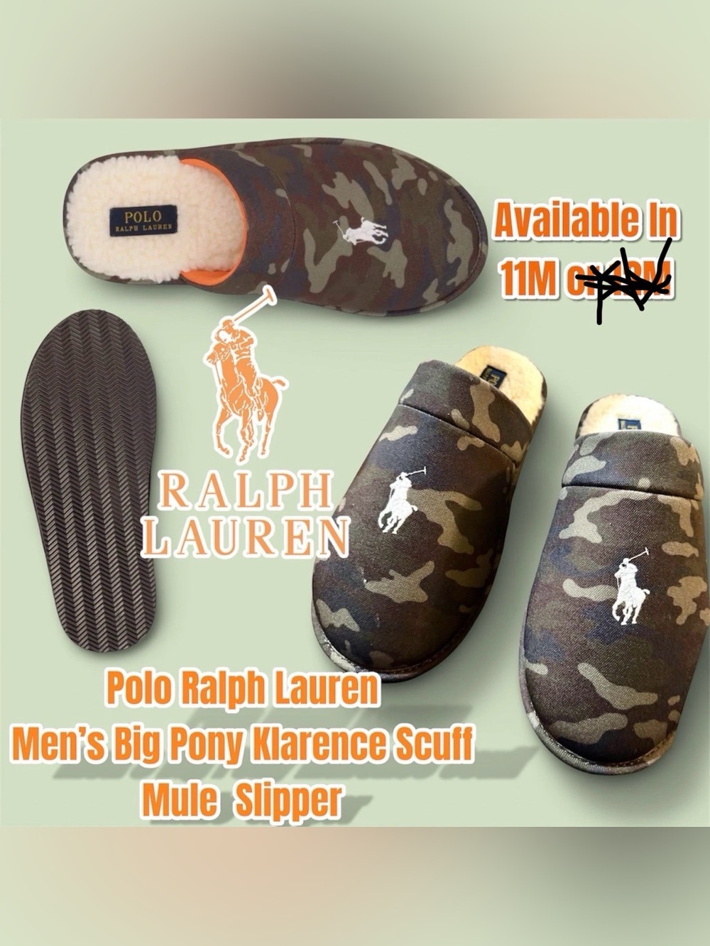Polo Ralph Lauren Big Pony Klarence Camo Mule Scuff Slippers, 11M